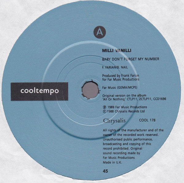 Milli Vanilli : Baby Don't Forget My Number (7", Single)