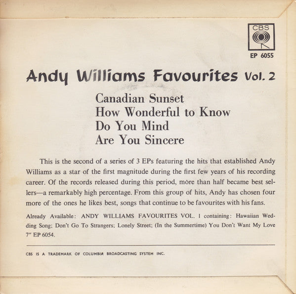 Andy Williams : Andy Williams Favourites Volume 2 (7", EP)