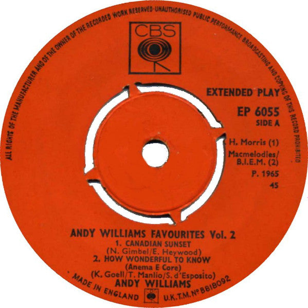 Andy Williams : Andy Williams Favourites Volume 2 (7", EP)