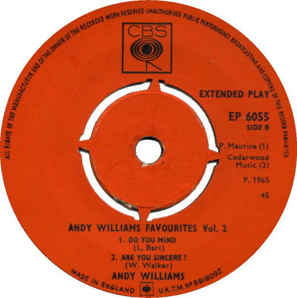 Andy Williams : Andy Williams Favourites Volume 2 (7", EP)
