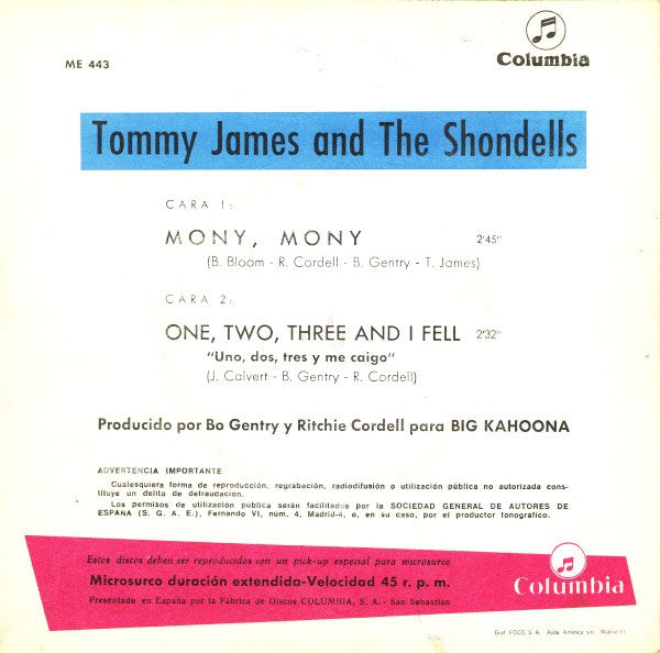 Tommy James & The Shondells : Mony, Mony (7", Single)
