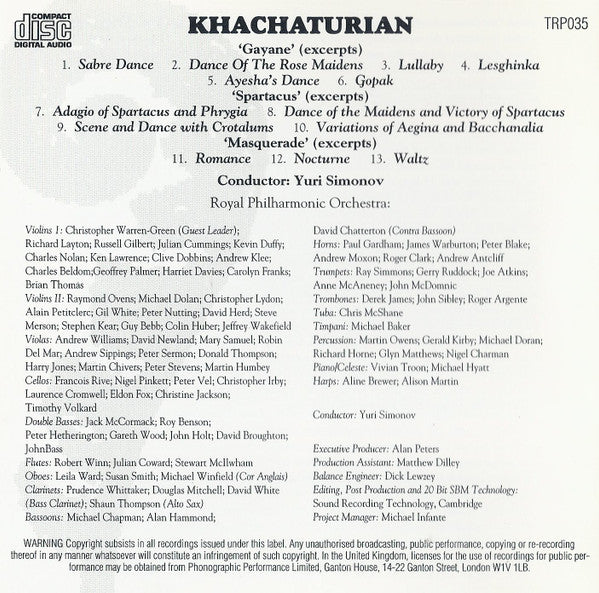 Aram Khatchaturian, Royal Philharmonic Orchestra, Yuri Simonov : 'Gayane' (Excerpts) / 'Spartacus' (Excerpts) / 'Masquerade' (Excerpts) (CD)