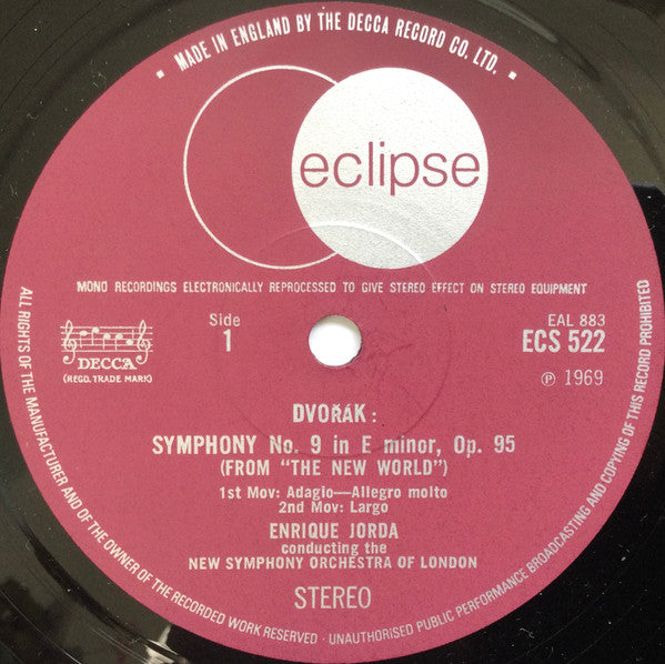 Antonín Dvořák, The New Symphony Orchestra Of London, Enrique Jordá : Symphony No. 9 'New World' (LP, RE, RM)