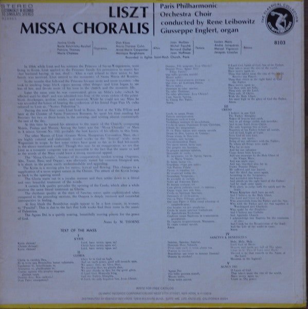 Paris Philharmonic Orchestra Choir : Liszt Missa Chorals (LP, Album)
