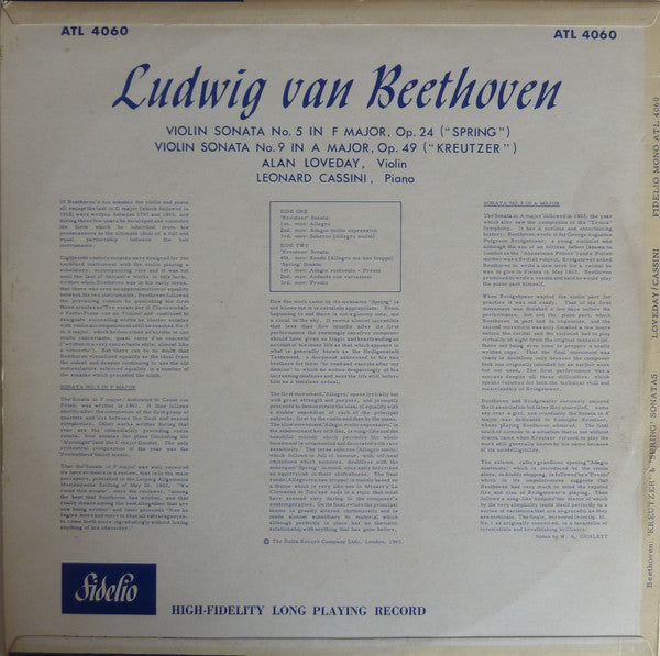 Beethoven*, Alan Loveday, Leonard Cassini : "Kreutzer" And "Spring" Sonatas (LP, Mono)