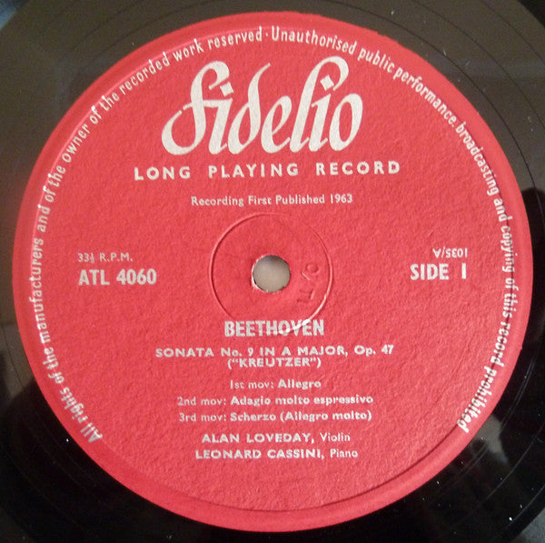 Beethoven*, Alan Loveday, Leonard Cassini : "Kreutzer" And "Spring" Sonatas (LP, Mono)