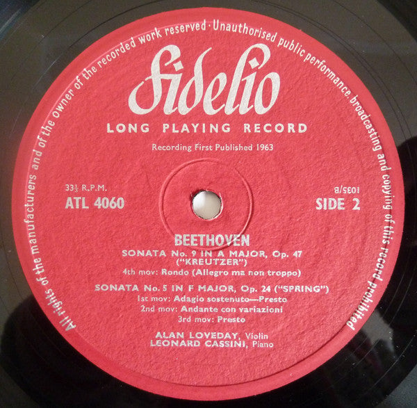 Beethoven*, Alan Loveday, Leonard Cassini : "Kreutzer" And "Spring" Sonatas (LP, Mono)