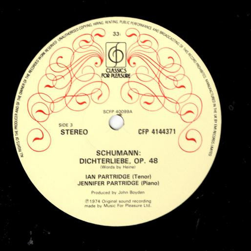 Ian Partridge, Franz Schubert, Robert Schumann, Jennifer Partridge : Ian Partridge Sings Die Schöne Müllerin, Op.25: Dichterliebe, Op.48: Liederkreis, Op.39 (2xLP, Comp, RE, RP)
