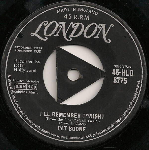 Pat Boone : I'll Remember Tonight (7", Single, Tri)