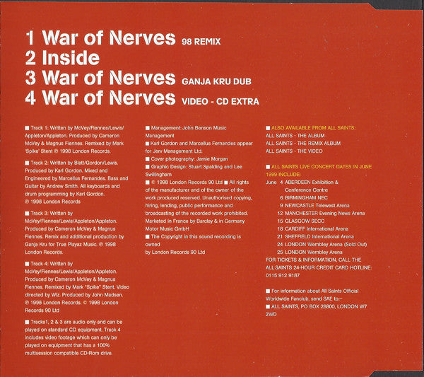 All Saints : War Of Nerves (CD, Single, Enh)