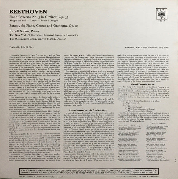Ludwig van Beethoven - Rudolf Serkin / Leonard Bernstein, New York Philharmonic, Westminster Symphonic Choir, Warren Martin : Third Piano Concerto / Choral Fantasy (LP)