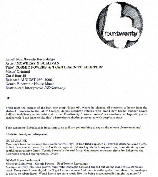 Mowbray & Sullivan* : Cosmic Powers & I Can Learn To Like This (12", Promo, W/Lbl)