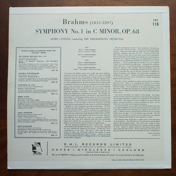 Johannes Brahms - Guido Cantelli Conducting The Philharmonia Orchestra : Symphony No. 1 (LP, Mono)