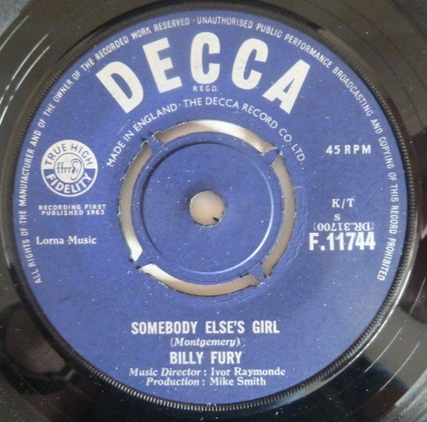 Billy Fury : Somebody Else's Girl (7", Single)
