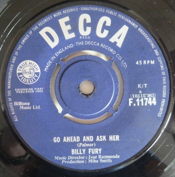 Billy Fury : Somebody Else's Girl (7", Single)