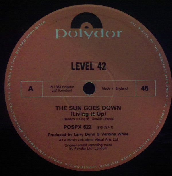 Level 42 : The Sun Goes Down (Living It Up) (12", Single, Whi)