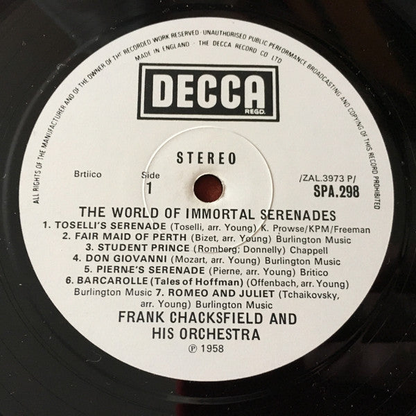Frank Chacksfield & His Orchestra : The World Of Immortal Serenades (LP, RE, Whi)