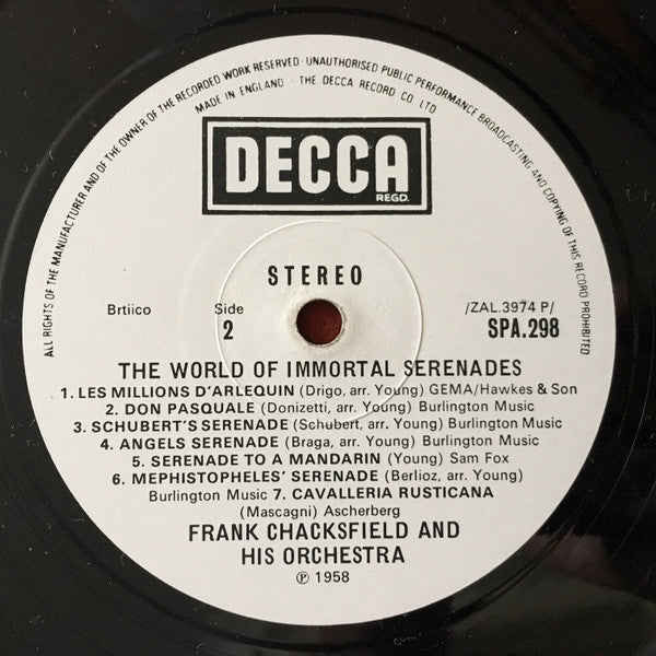 Frank Chacksfield & His Orchestra : The World Of Immortal Serenades (LP, RE, Whi)