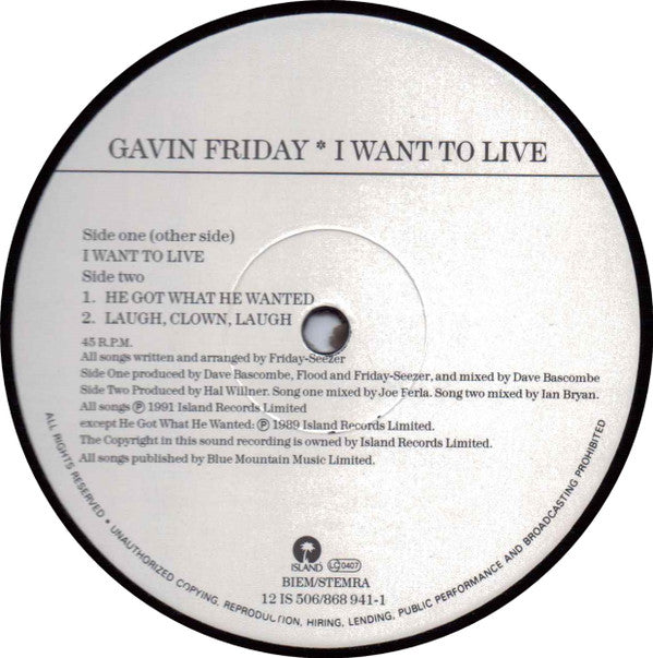 Gavin Friday : I Want To Live (12", Single)
