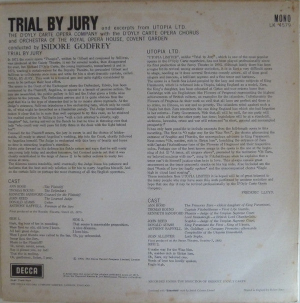 D'Oyly Carte Opera Company : Trial By Jury / Excerpts From Utopia Ltd. (LP, Album, Mono, RP)