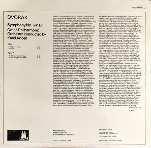 Antonín Dvořák — The Czech Philharmonic Orchestra Conducted By Karel Ančerl : Symphony No. 6 In D, Op. 60 (LP, RE)
