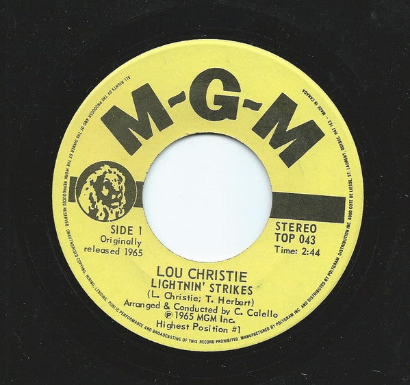 Lou Christie : Lightnin' Strikes / Rhapsody In The Rain (7", Single, RE)