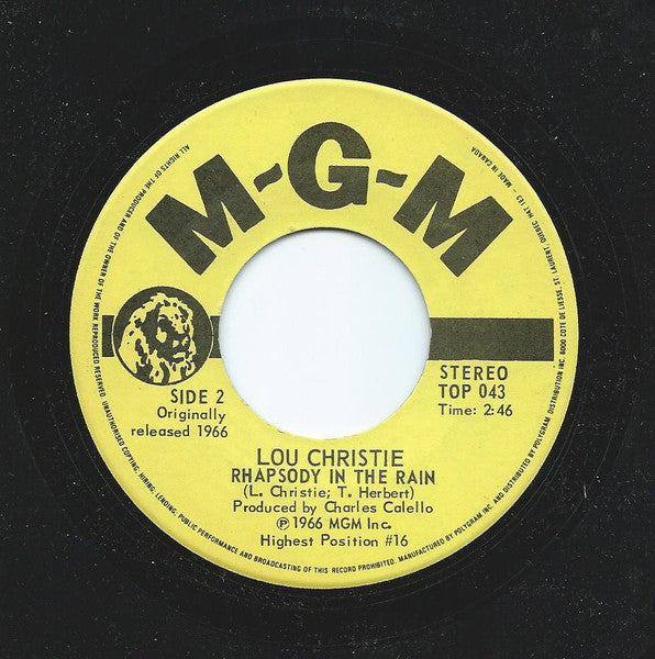Lou Christie : Lightnin' Strikes / Rhapsody In The Rain (7", Single, RE)