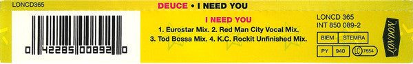 Deuce : I Need You (CD, Single)