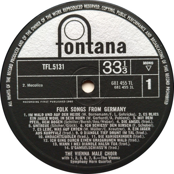 The Vienna Male Choir With The Vienna Symphony Horn Quartet And The Hamburg Singing Society : Folk Songs And Drinking Songs From Germany (9", Album, Mono)
