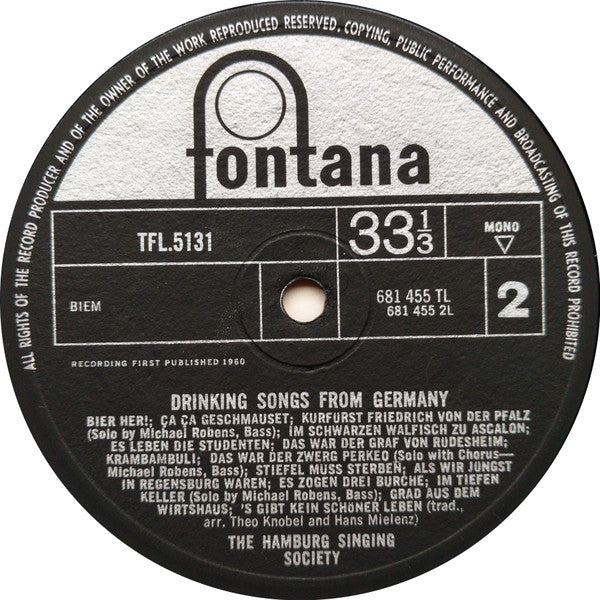 The Vienna Male Choir With The Vienna Symphony Horn Quartet And The Hamburg Singing Society : Folk Songs And Drinking Songs From Germany (9", Album, Mono)