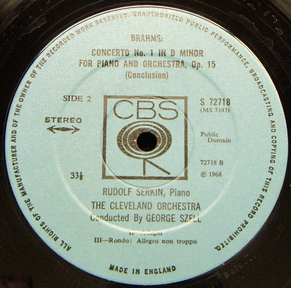Rudolf Serkin, George Szell, The Cleveland Orchestra - Johannes Brahms :  Piano Concerto No. 1 In D Minor (LP)