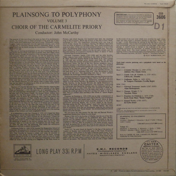 Choir Of The Carmelite Priory London, John McCarthy : Plainsong To Polyphony, Volume Three (LP)