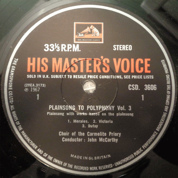 Choir Of The Carmelite Priory London, John McCarthy : Plainsong To Polyphony, Volume Three (LP)