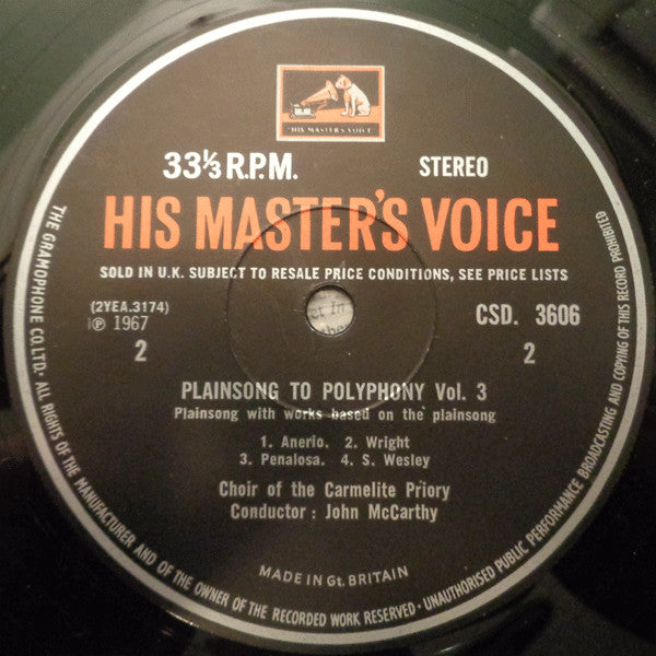 Choir Of The Carmelite Priory London, John McCarthy : Plainsong To Polyphony, Volume Three (LP)