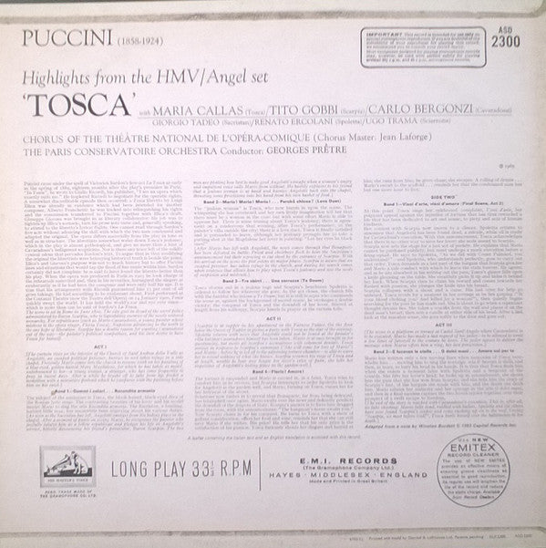 Maria Callas / Carlo Bergonzi / Tito Gobbi / Orchestra Del Teatro Alla Scala And Coro Del Teatro Alla Scala Conducted By Georges Prêtre : Highlights From "Tosca" (LP, Album, RP, Whi)