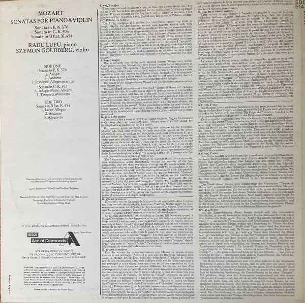 Wolfgang Amadeus Mozart, Radu Lupu, Szymon Goldberg : Sonatas For Piano And Violin (In F, K.376 ∙ C, K.303 & E Flat, K.454) (LP)