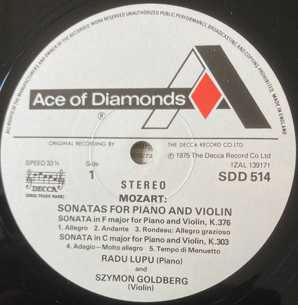 Wolfgang Amadeus Mozart, Radu Lupu, Szymon Goldberg : Sonatas For Piano And Violin (In F, K.376 ∙ C, K.303 & E Flat, K.454) (LP)