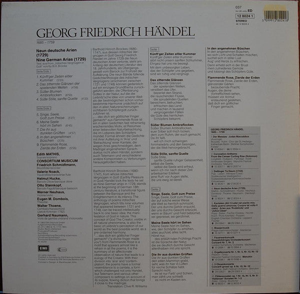 Georg Friedrich Händel - Edith Mathis, Consortium Musicum (2) : Neun Deutsche Arien (LP)