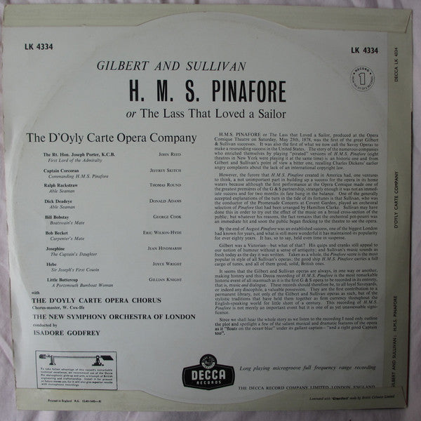 Gilbert & Sullivan, D'Oyly Carte Opera Company : H.M.S. Pinafore (Complete With Dialogue) (2xLP, Mono)