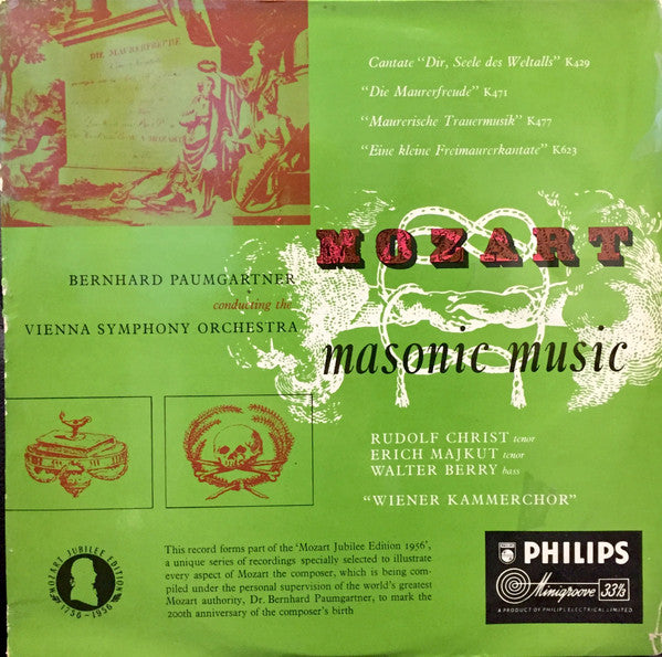 Wolfgang Amadeus Mozart, Rudolf Christ, Erich Majkut, Walter Berry, Wiener Kammerchor, Wiener Symphoniker, Bernhard Paumgartner : Masonic Music (LP, Mono)