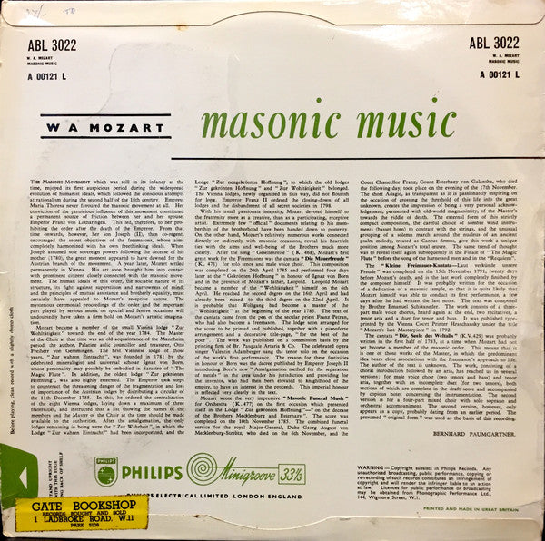 Wolfgang Amadeus Mozart, Rudolf Christ, Erich Majkut, Walter Berry, Wiener Kammerchor, Wiener Symphoniker, Bernhard Paumgartner : Masonic Music (LP, Mono)