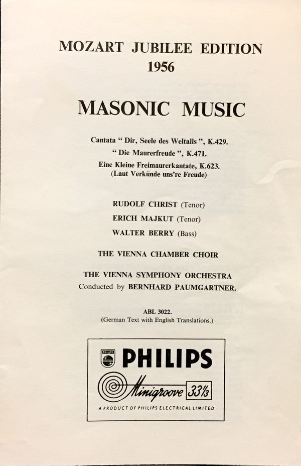 Wolfgang Amadeus Mozart, Rudolf Christ, Erich Majkut, Walter Berry, Wiener Kammerchor, Wiener Symphoniker, Bernhard Paumgartner : Masonic Music (LP, Mono)