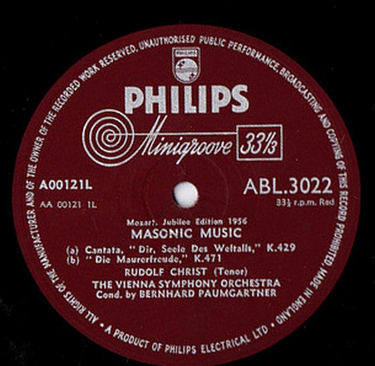 Wolfgang Amadeus Mozart, Rudolf Christ, Erich Majkut, Walter Berry, Wiener Kammerchor, Wiener Symphoniker, Bernhard Paumgartner : Masonic Music (LP, Mono)