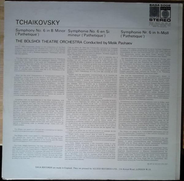 Tchaikovsky*, Bolshoi Theatre Orchestra, Melik Pashaev* : "Pathetique" Symphony No 6 In B Minor Op 74 (LP)