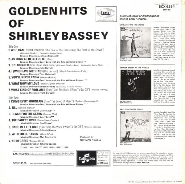 Shirley Bassey : Golden Hits Of Shirley Bassey (LP, Comp)