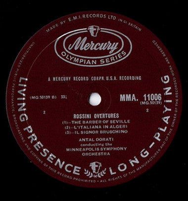 Gioacchino Rossini, Antal Dorati Conducting Minneapolis Symphony Orchestra : Rossini Overtures.  (LP, Mono, RE)