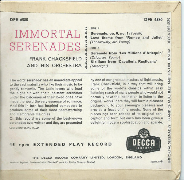 Frank Chacksfield & His Orchestra : Immortal Serenades (7", EP, Mono)