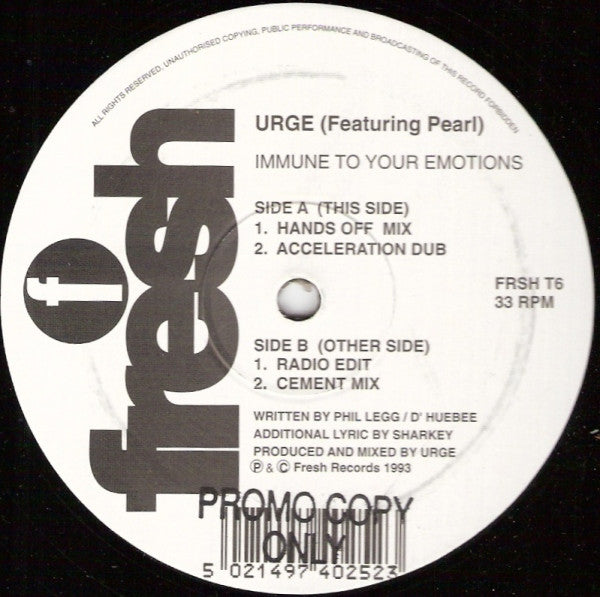 Urge (4) Featuring Pearl (61) : Immune To Your Emotions (12", Promo)