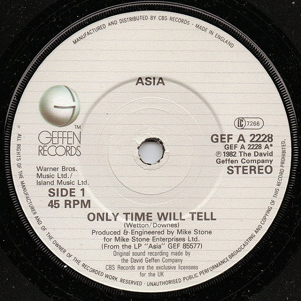 Asia (2) : Only Time Will Tell (7", Single)