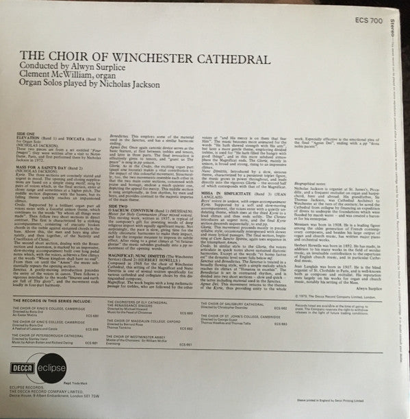 Reginald Alwyn Surplice, Clement McWilliam, Nicholas Jackson : The Choir Of Winchester Cathedral (LP, Album)